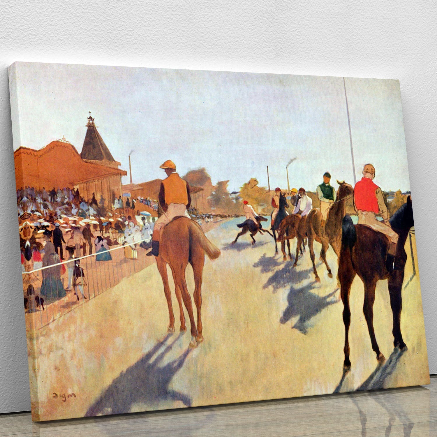 Canvas print or poster of Degas' Jockeys in front of the grandstand, showcasing vibrant colors and dynamic horse racing scene.